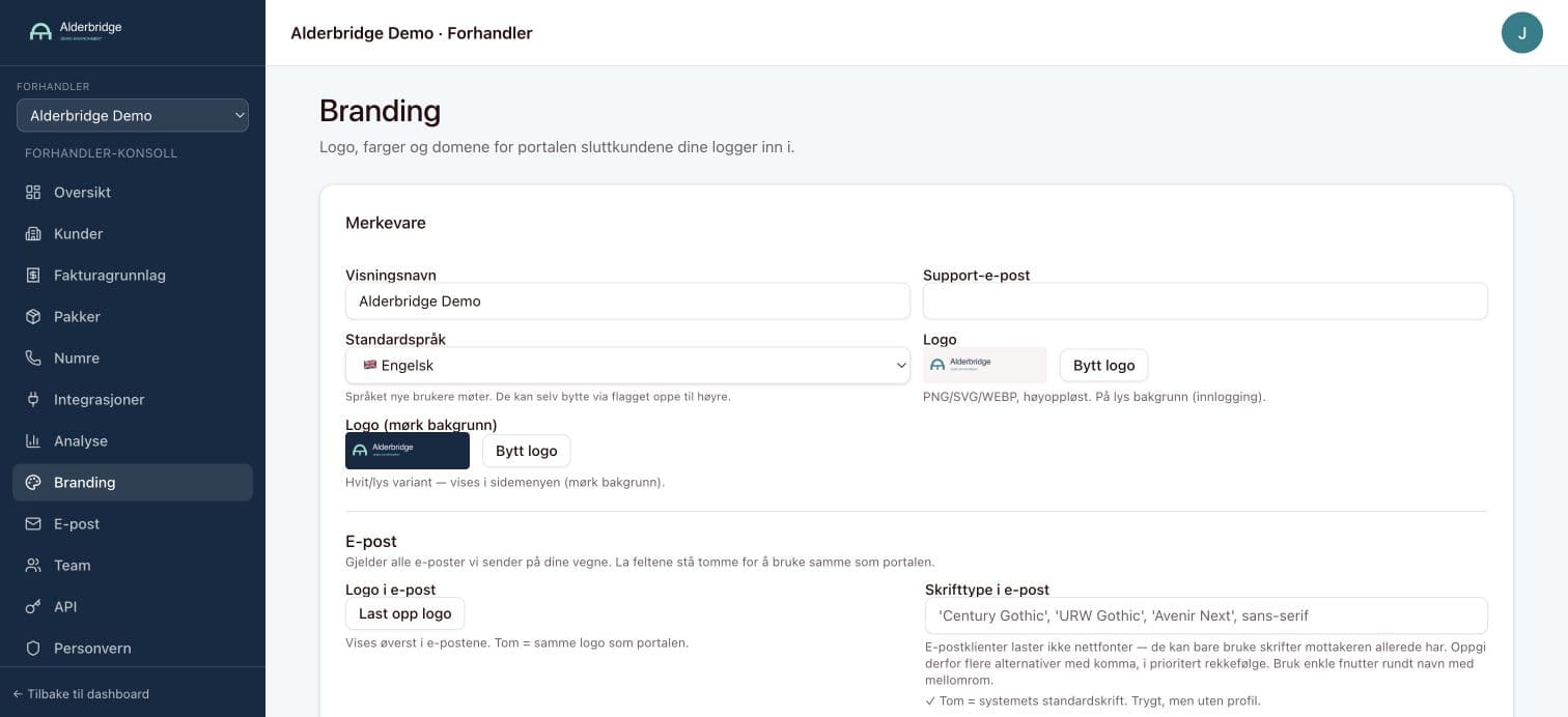 Full Alderbridge Demo reseller console, with branding settings and navigation for clients, packages, numbers, integrations, analytics, team and API.