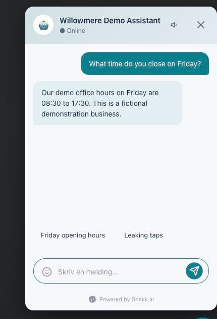 Actual Willowmere demo chat response. The original widget has English conversation text and a Norwegian input placeholder.