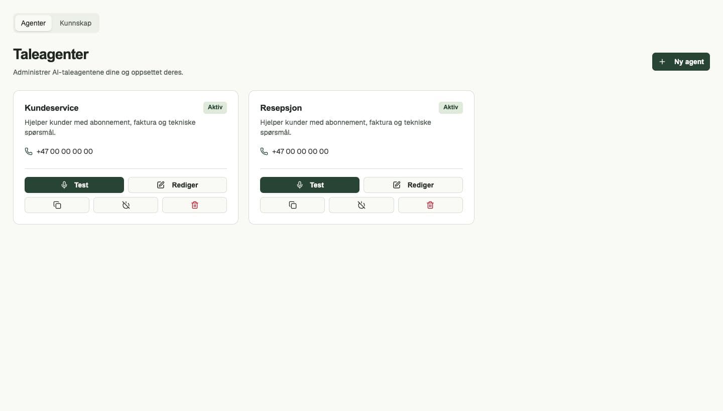 Oversikt over AI-agenter i Snakk med oppsett og tilgjengelige agenter.
