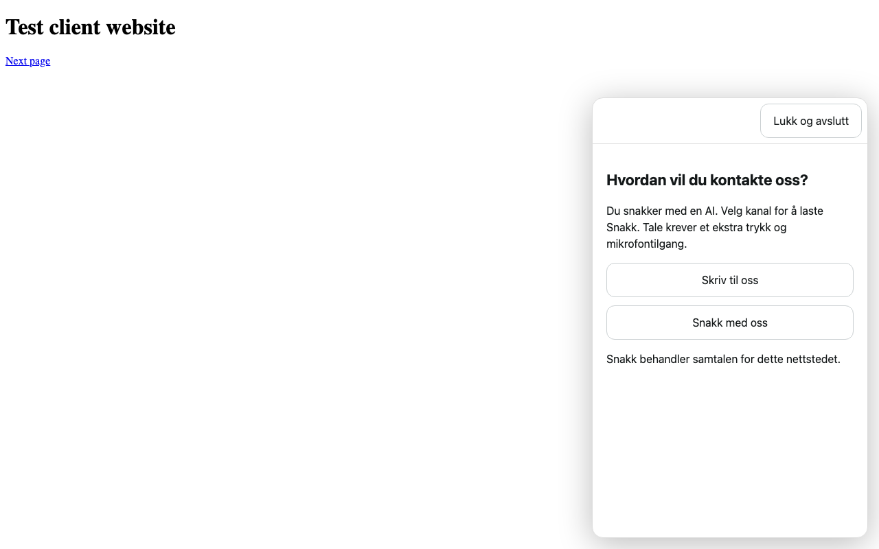 Kanalvalget i det lokale integrasjonskitet, vist på en testside. Ikke en publisert Duda-side.