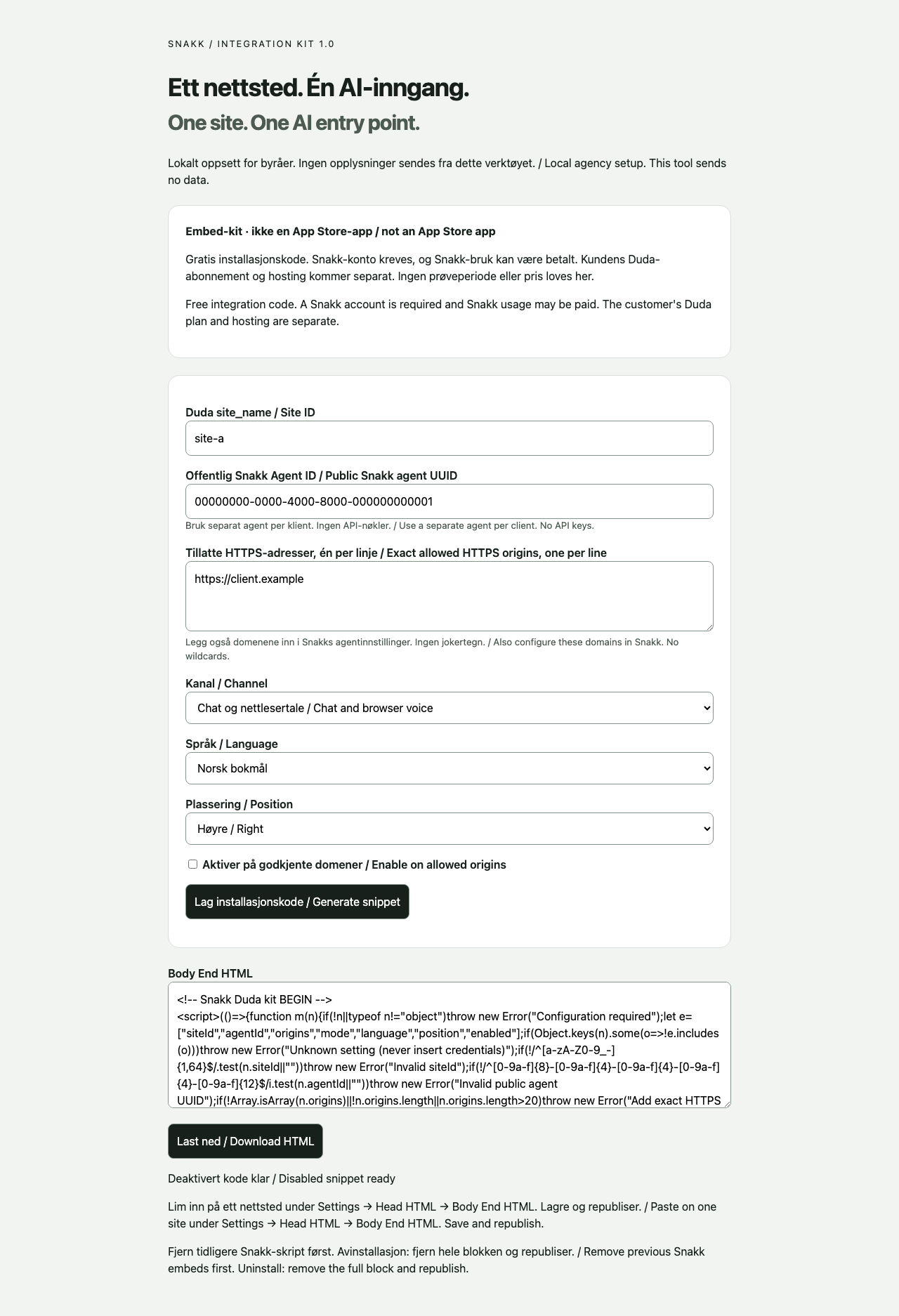 Ekte skjermbilde av Snakks lokale konfigurasjonsverktøy med demodata. Verktøyet lager innsettingskode; dette er ikke Duda-editoren.