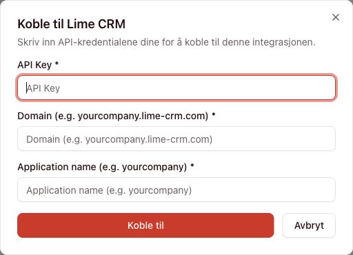 Ekte skjermbilde fra Snakk: tilkobling til Lime CRM. Feltene er tomme. Grensesnittet vises på norsk.