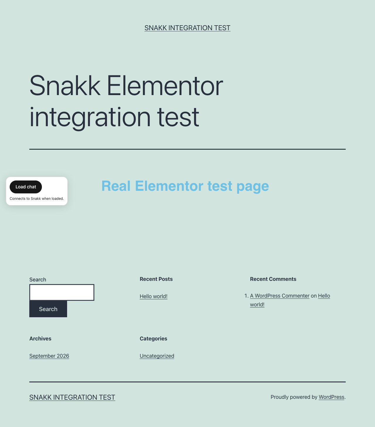 Lokal Elementor-testside med Snakks lasteknapp. Ingen kundedata eller ferdig AI-samtale.