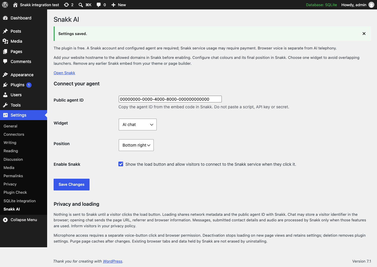Faktiske Snakk AI-innstillinger i WordPress med demoagent-ID, modusvalg og aktivering.